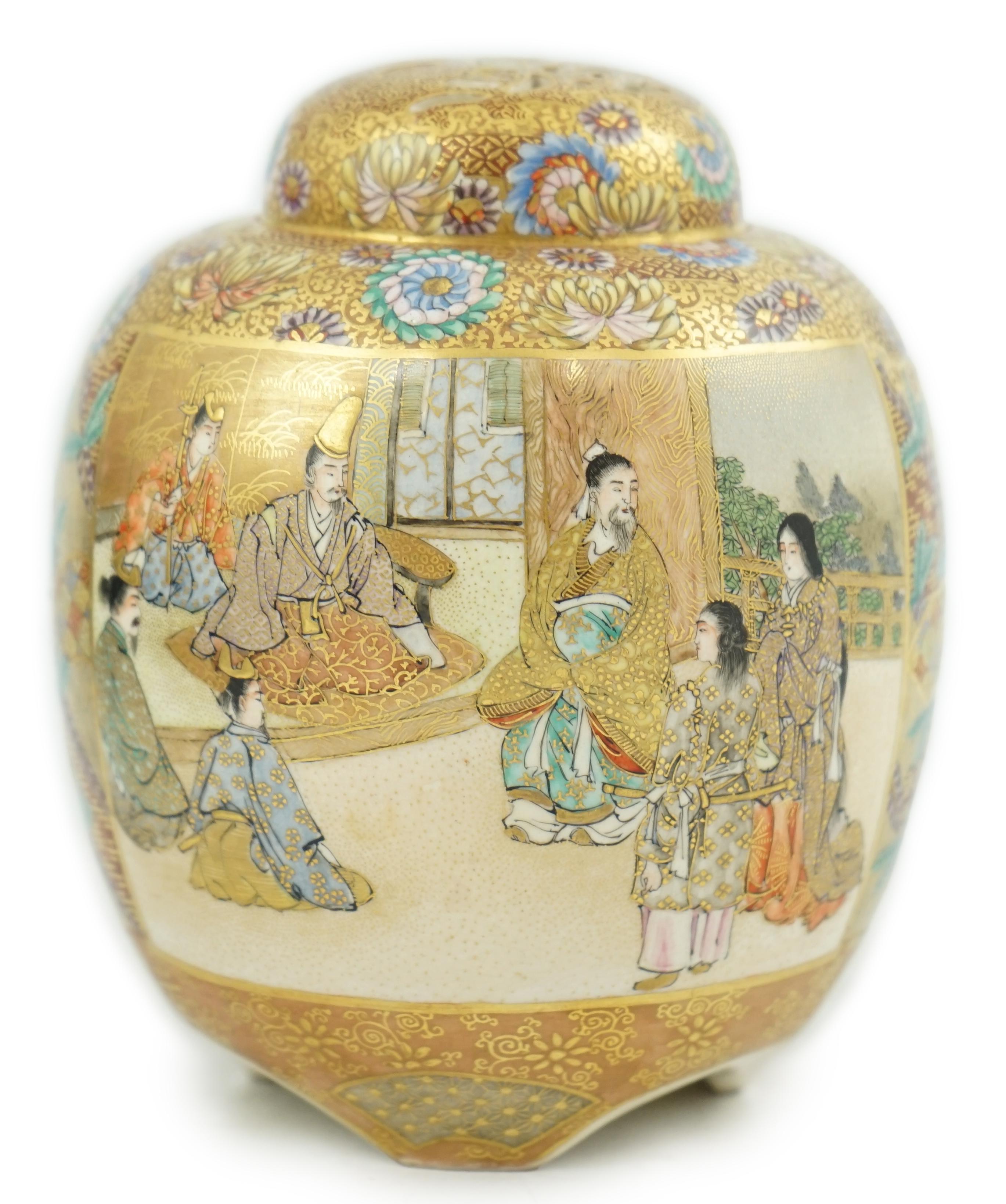 A Japanese Satsuma ovoid koro and cover, Meiji period